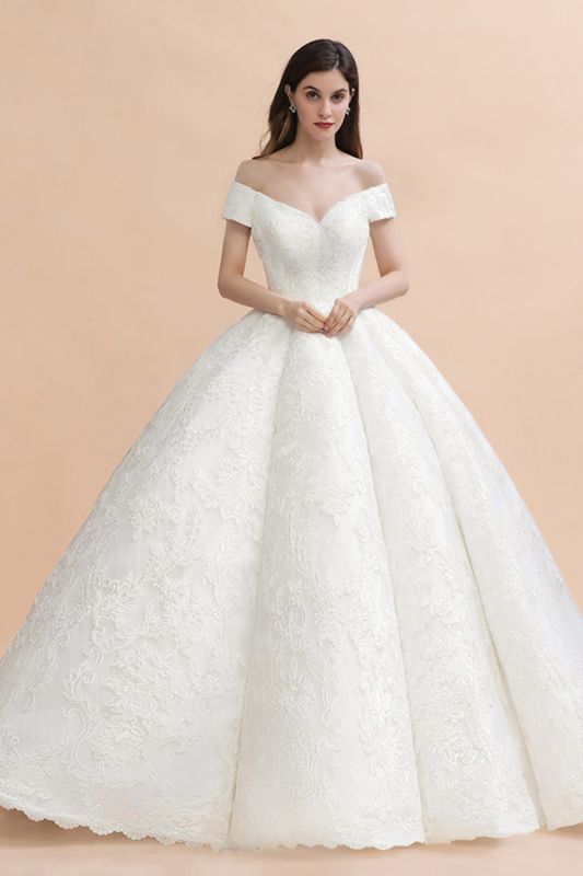 Charming Off-the-Shoulder Appliques Ball Gown Backless Sweep Train