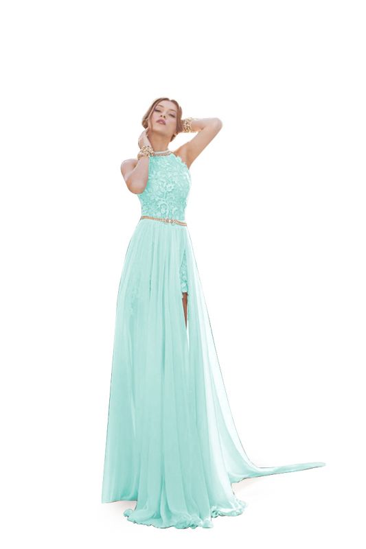 ADELE | A-line Halter Chiffon Evening Dress with Lace