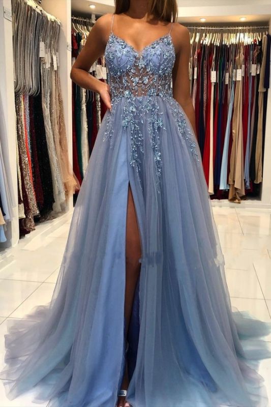 Luxury Glitter Side Slit Evening Dresses | Dusty Blue prom dresses evening wear