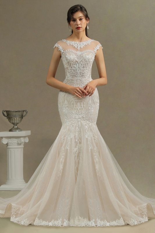 Flügelärmel, weißes Blumenspitze-Meerjungfrau-Hochzeitskleid, U-Ausschnitt, Brautkleid für Mädchen/Frauen