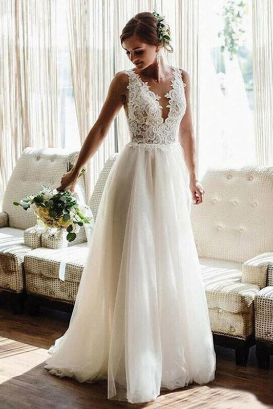 Vestido de novia de encaje de tul con cuello en V blanco / marfil Vestido de novia largo hasta el suelo de Aline