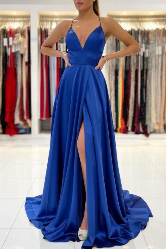 Sexy Satin Long Evening Dress Side Slit V-Neck Sleeveless Formal Dress