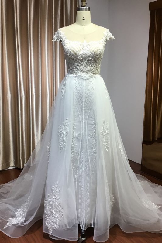 Encantador vestido de novia de sirena con manga casquillo, apliques de encaje de tul blanco con tren de barrido desmontable