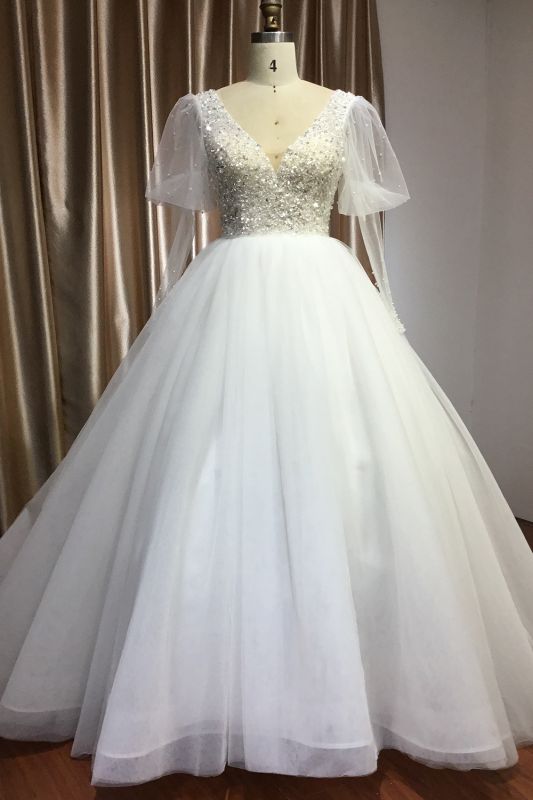 Precioso vestido de novia de Aline con lentejuelas brillantes y cuello en V, vestido de novia de primavera con mangas transparentes