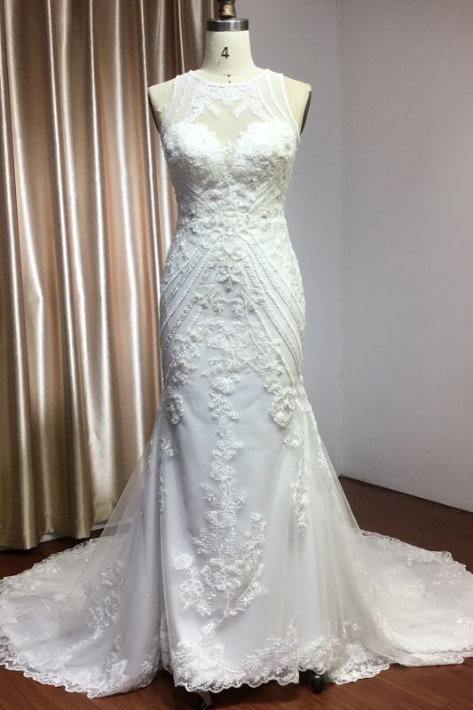 Sleeveless Mermaid Bridal Gown Scoop Neck Floral Lace Appliques Wedding Dress