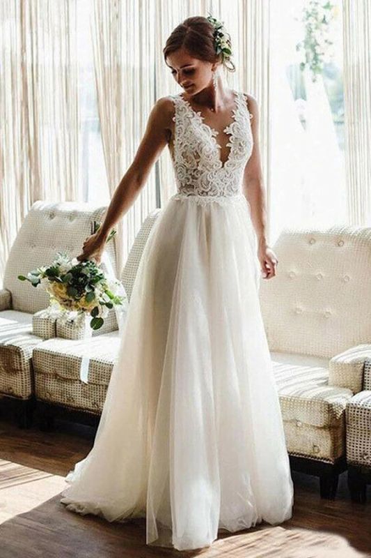 White/Ivory V-Neck Tulle Lace Wedding Dress Aline Floor Length Bridel Dress