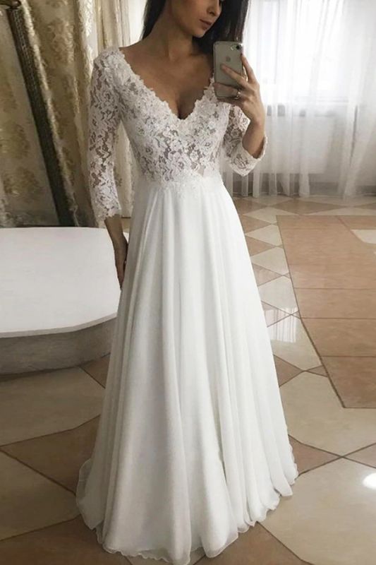 Élégante robe de mariée en tulle blanche en dentelle Aline à manches longues robe de mariée à col en V