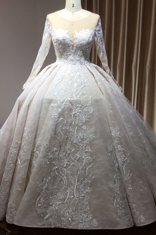 Glamoroso vestido de fiesta de encaje floral con mangas largas Aline vestido de novia para niñas y mujeres