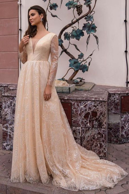 Elegante vestido de fiesta de boda con lentejuelas Aline de manga larga