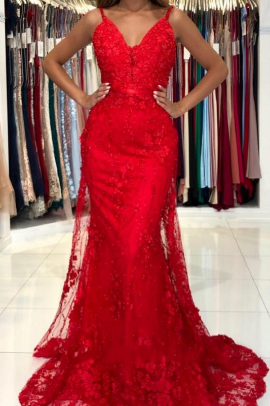 Superbe robe de soirée sirène avec appliques en dentelle rouge chérie