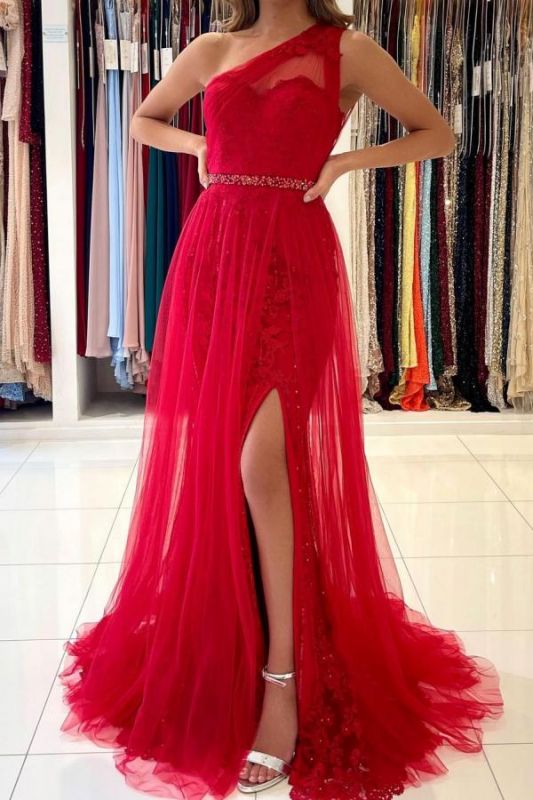 Stylish One Shoulder Tulle Evening Gown with Side Slit