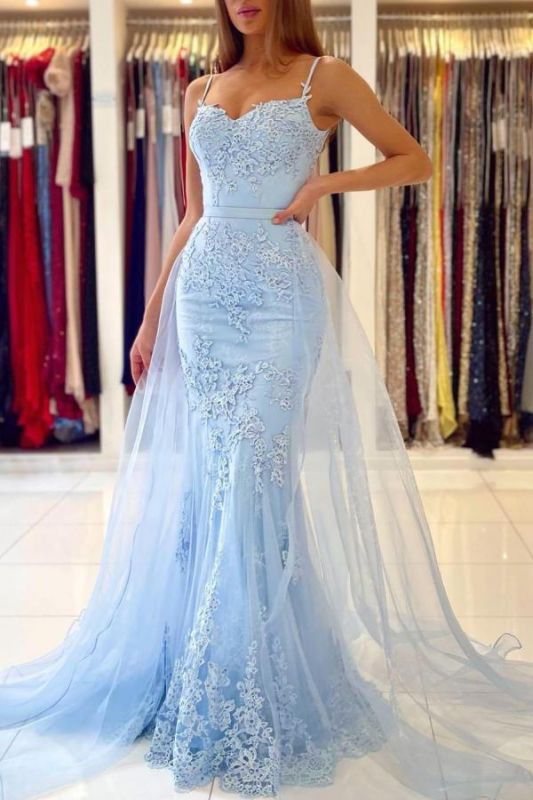 Sky Blue Spaghetti Straps Lace Mermaid Evening Dress with Tulle Detachable Train