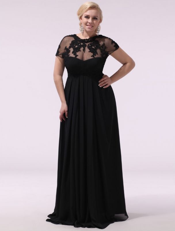 Schwarze Ballkleider Plus Size Abendkleid Chiffon Spitze Applique Illusion Kurze Ärmel Bodenlangen Hochzeitsgast Kleid Exklusiv