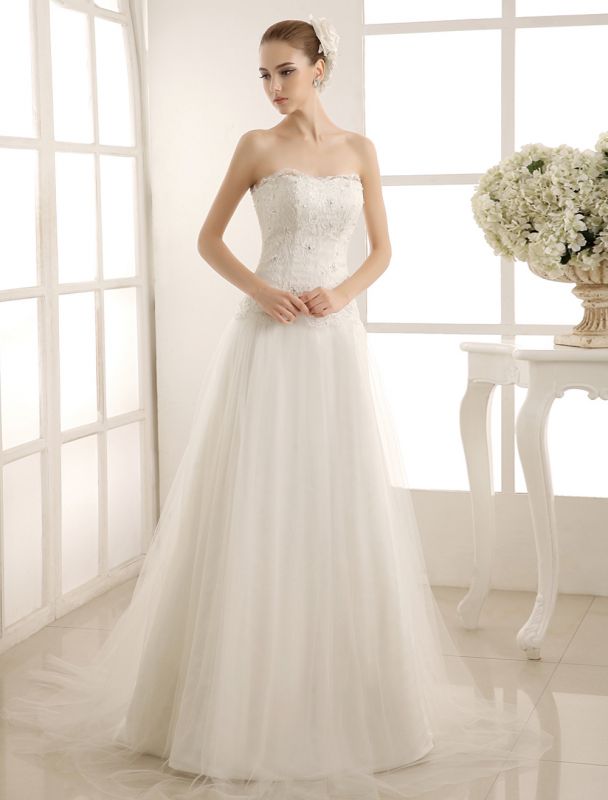 Beaded Strapless Wedding Gown With Court Train