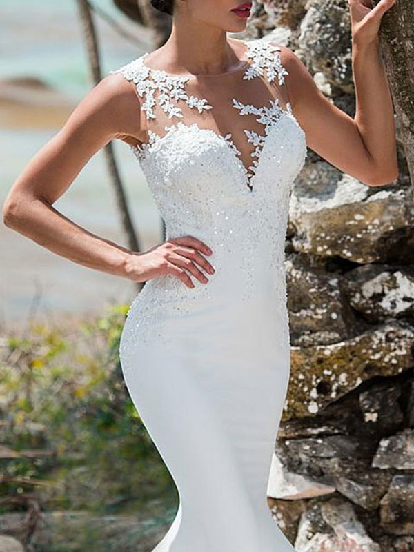 Wedding Dress Mermaid Lace Jewel Neck Sleeveless Back Hollow Out Bridal Gowns With Train