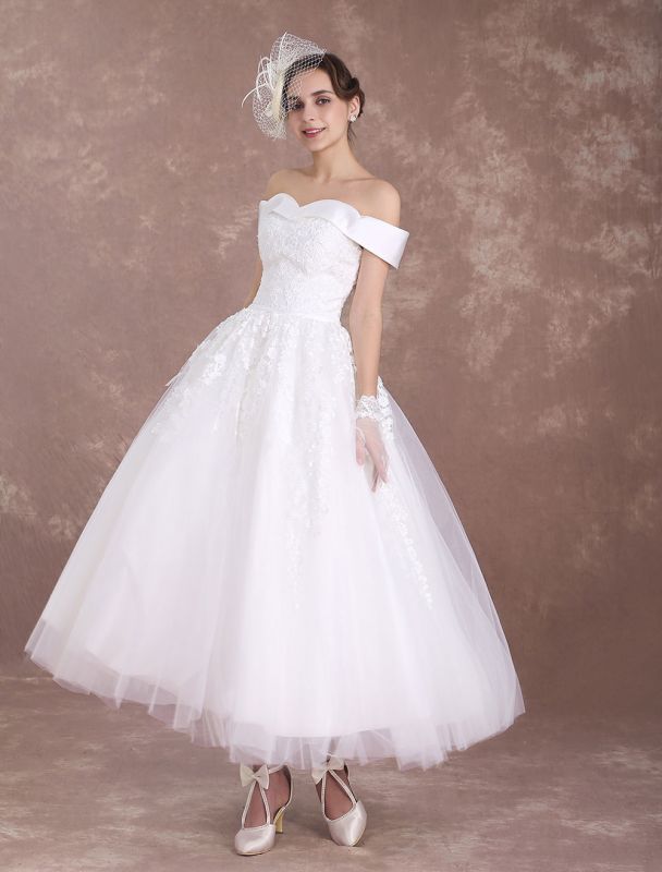 Kurze Brautkleider Schulterfrei Vintage Brautkleid 50er Jahre Spitze Applique Tüll Tee Länge Elfenbein Hochzeitskleid Exklusiv Wedding