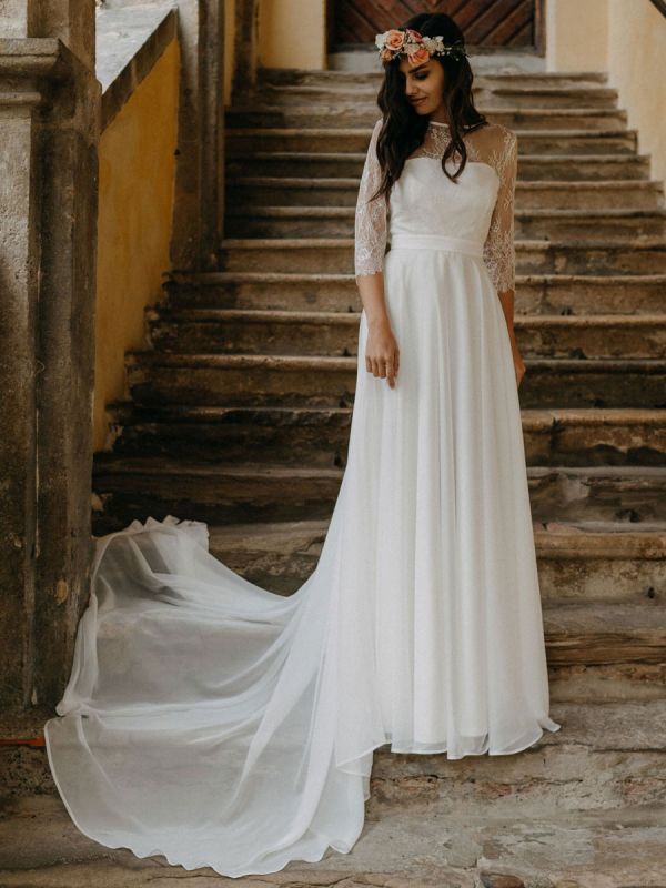 Robe de mariée simple blanche en dentelle col bijou demi-manches dos nu une ligne dentelle en mousseline de soie longues robes de mariée