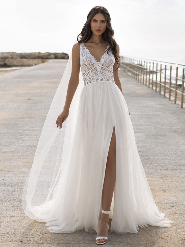 Robe de mariée blanche simple col en V sans manches dos nu taille naturelle dentelle mousseline de soie une ligne robes de mariée longues