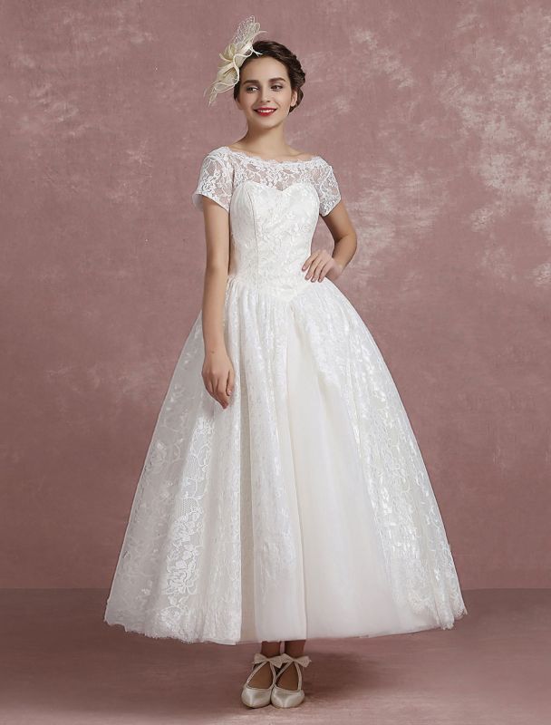 Princess Wedding Dress Lace Vintage Bridal Gown Sweetheart Illusion Short Sleeve Back Design Ball Gown Bridal Dress In Ankle Length Exclusive