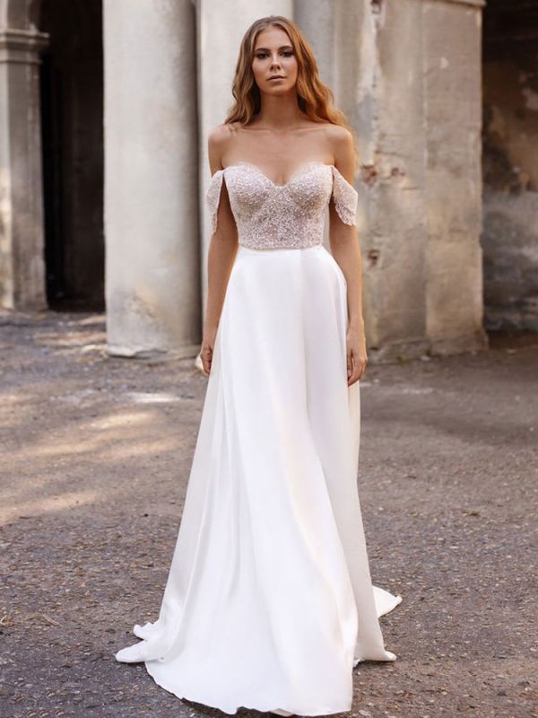 Vestido de novia blanco simple Tela de satén Sin tirantes Sin mangas Corte A-Line Fuera del hombro Vestidos de novia largos