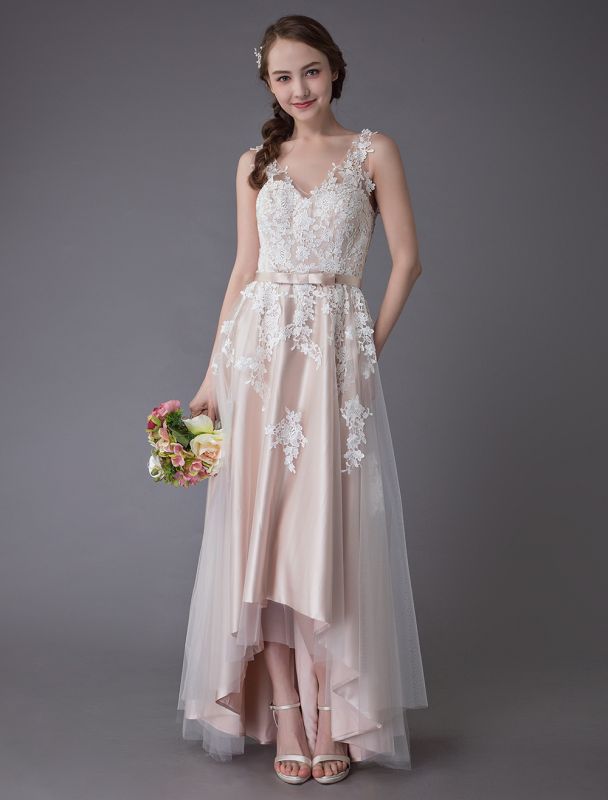 Lace Wedding Dresses High Low Bow Sash Tulle Applique Summer Beach Colored Bridal Gowns Exclusive