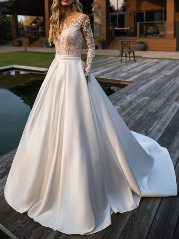 Vestido de novia Princesa Silueta Cuello joya Mangas largas Cintura natural Encaje Satén Tela Vestidos de novia