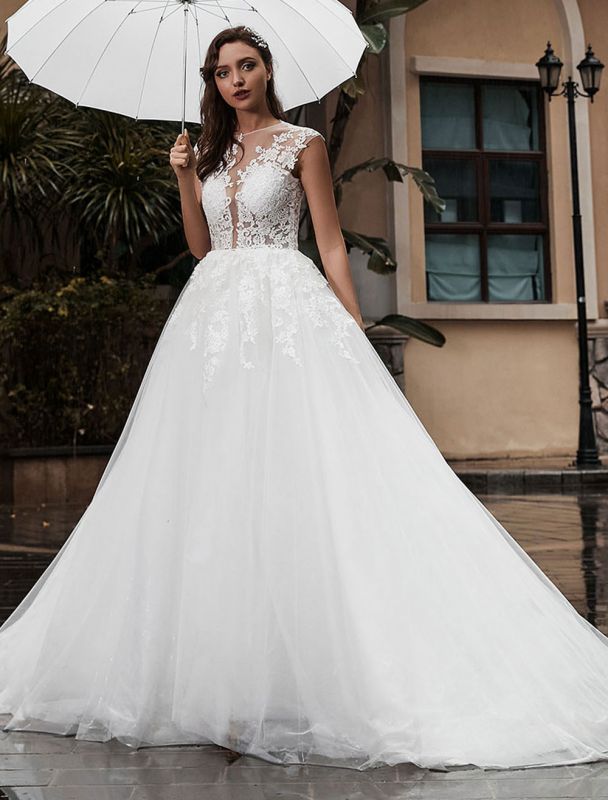 Prices Vestido de novia Corpiño de encaje Tul Satén Tela Barrer tren Apliques Vestido de novia Exclusivo