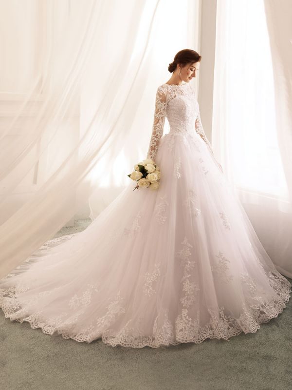 Brautkleider 2021 Prinzessin Silhouette Bateau-Ausschnitt Langarm Natürliche Taille Spitze Tüll Brautkleider