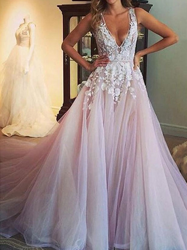 Wedding Dress 2021 Deep V Neck Sleeveless Lace Flora Floor Length Tulle Bridal Gowns