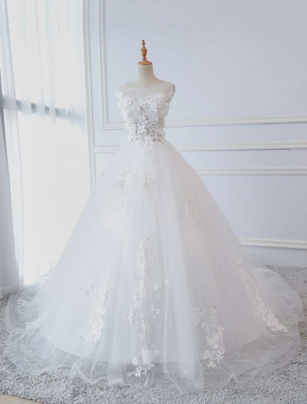 Robes de mariée princesse robes de bal fleurs en dentelle appliques robes de mariée sans manches avec train