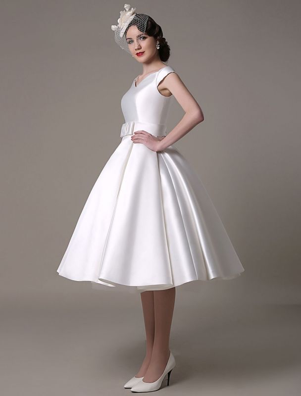 Ivory Wedding Dresses 2021 Short Satin Knee Length Bow Sash Retro Bridal Dress Exclusive