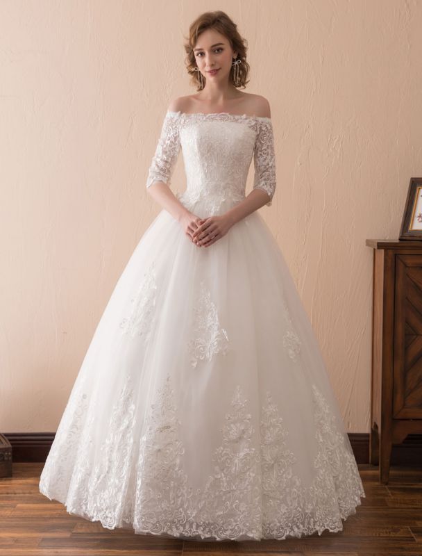 Robes de mariée princesse dentelle hors de l'épaule robe de mariée demi-manche étage longueur robe de mariée