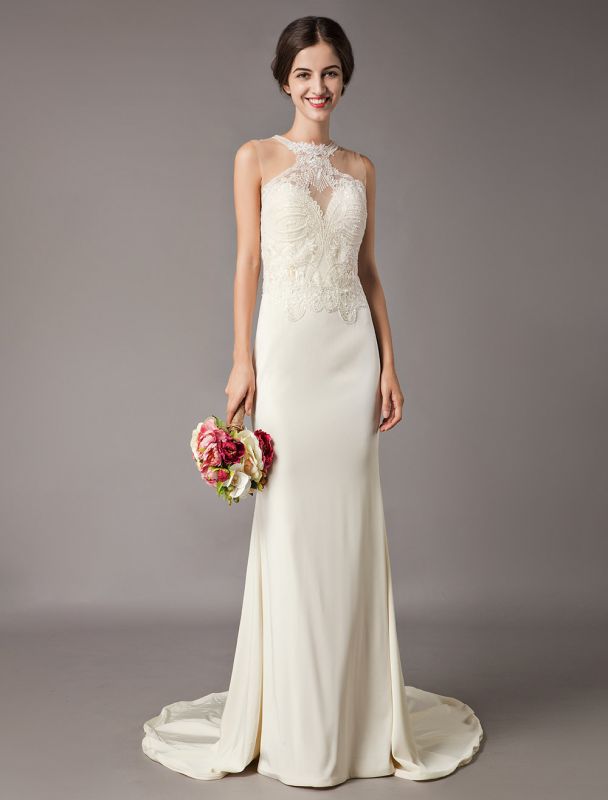 Wedding Dresses Ivory Lace Sleeveless Illusion Sheath Column Bridal Gowns With Train