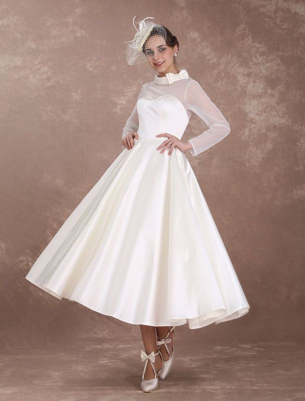 Wedding-Dresses-Short-1950'S-Vintage-Bridal-Dress-Long-Sleeve-Sweetheart-Neckline-Satin-Ivory-Rockabilly-Wedding-Dress-Exclusive