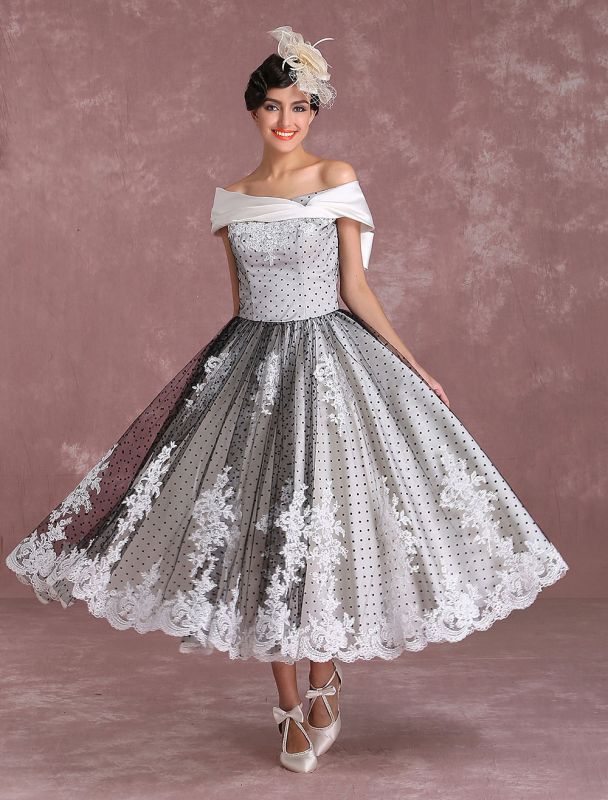 Black Wedding Dresses Vintage Short Bridal Gown Lace Off The Shoulder Polka Dot Print Bridal Dress With Bow At Back Exclusive