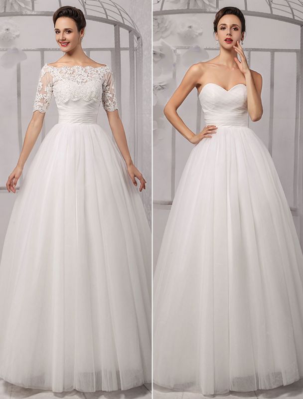 Tull Off-The-Shoulder Ball Gown Wedding With A Lace Wrap Exclusive