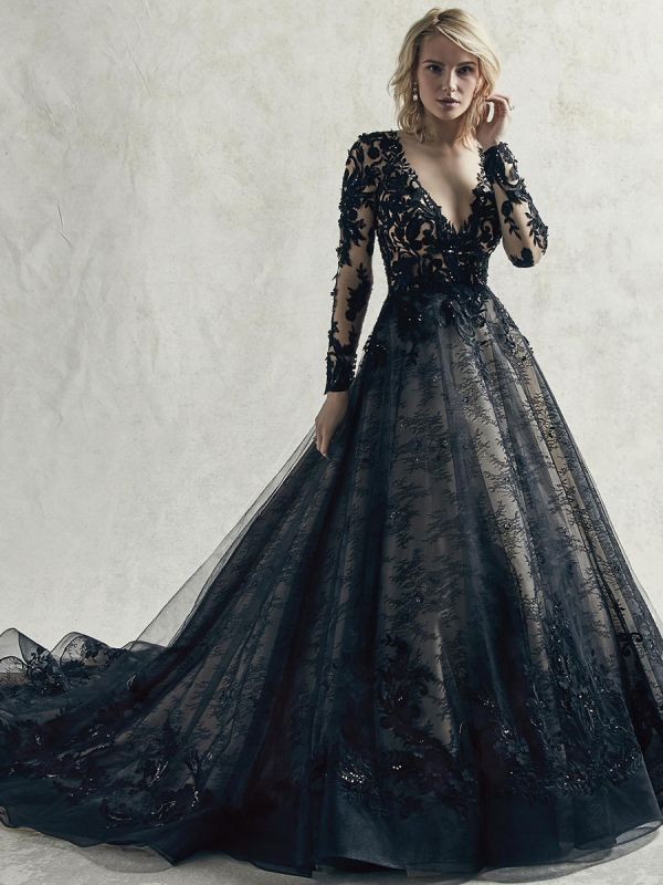 Robes de mariée noires dentelle princesse silhouette manches longues taille naturelle dentelle tribunal train robe de mariée