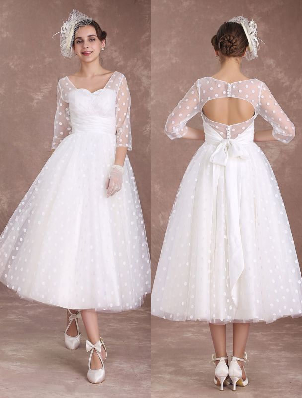 Vintage Wedding Dress Short 1950'S Bridal Dresses Ivory Long Sleeve Open Back Polka Dot Ribbon Sash Wedding Reception Dress Exclusive