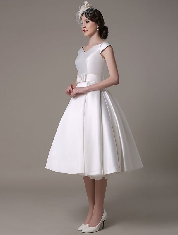 Ivory Wedding Dresses 2021 Short Satin Knee Length Bow Sash Retro ...