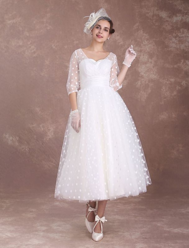 Vestidos de novia de encaje corto Vintage con faja, línea A, tul de los  años 50, longitud de té de jardín, escote Corazón, vestidos de novia para