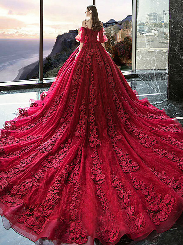 princesse rouge Tulle demi-manches robe ...