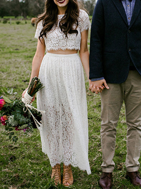 Robe de mariée bohème une ligne bijou cou manches courtes longueur cheville dentelle deux pièces robe de mariée