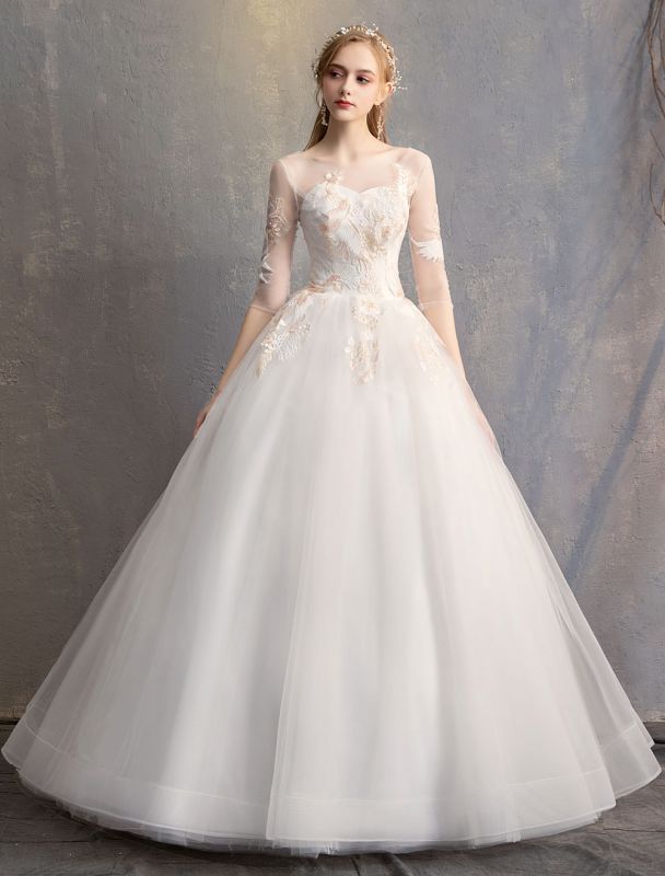 Ballkleid-Prinzessin-Brautkleider-Elfenbein-Halbarm-Rückenlos-Applikation-Brautkleid