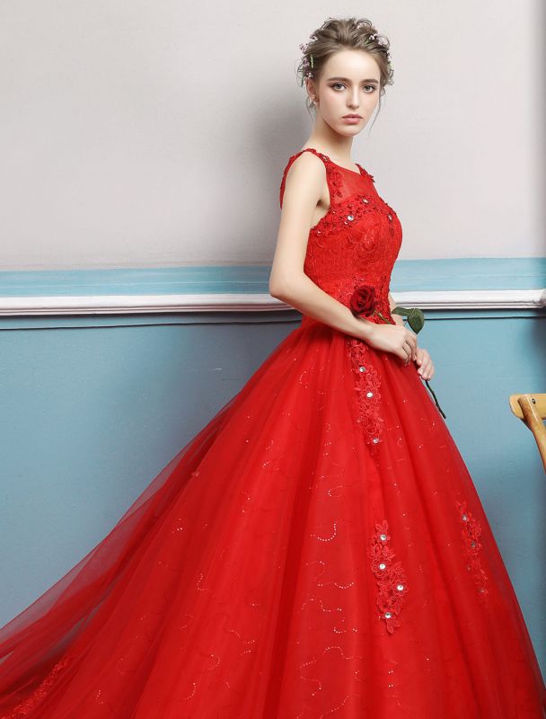 Luxury Red Tulle Flower Petals Wedding Dress Zipper 2 Meters Train Bridal  Gown With Veil - Wedding Dresses - AliExpress