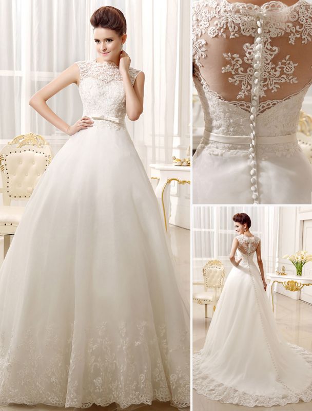 Wedding Dresses Lace Applique Bridal Dress Bow Sash Sweetheart Illusion Train Wedding Gown
