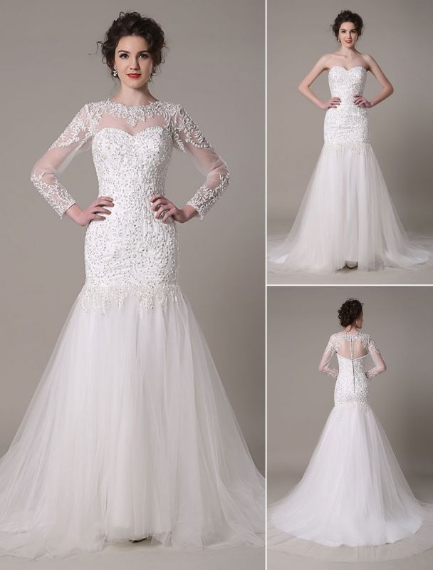 Sequined-Wedding-Dress-Detachable-Neckline-Lace-Applique-Mermaid-Court-Train-Bridal-Dress-Exclusive