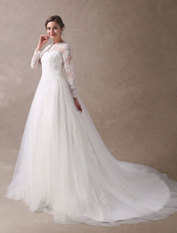 Wedding Dresses Princess Ball Gowns Ivory Long Sleeve Lace Applique Beading Chapel Train Bridal Dress Exclusive