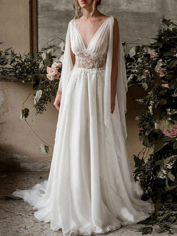 Robes de mariée Boho 2021 en mousseline de soie col en V taille haute draperie romaine manches robe de mariée