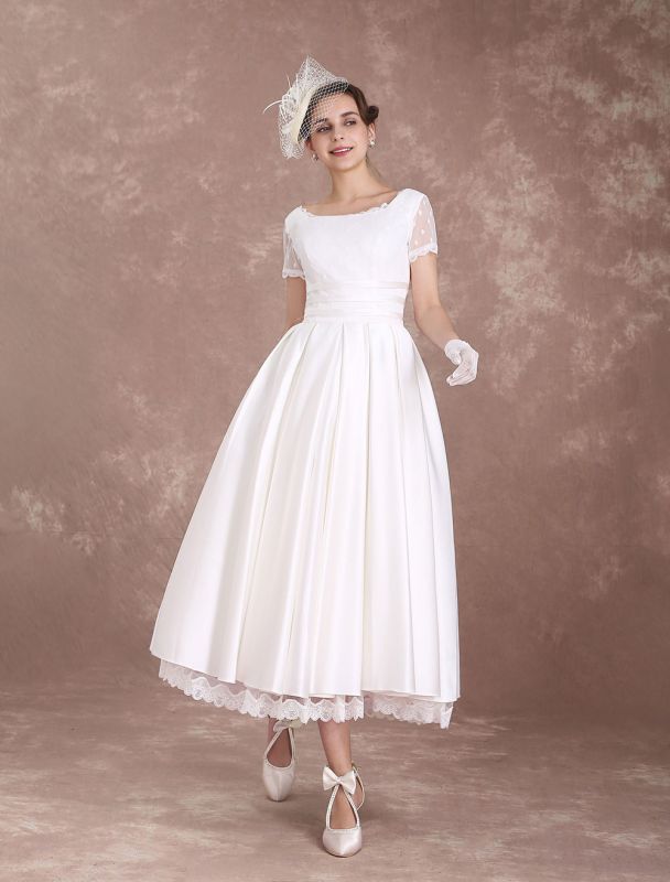 Vestido de novia vintage de manga corta Vestido de novia de los años 50 sin espalda con adornos de encaje de lunares Vestido de recepción de boda de marfil exclusivo