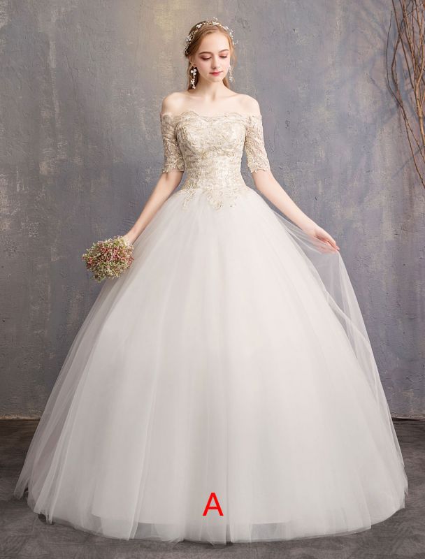 Tulle Wedding Dress Off The Shoulder Half Sleeve Princess Bridal Gown